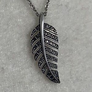 925 Sterling Silver Feather Pendant Necklace Crystal Pave Statement